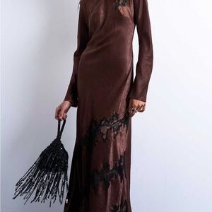 Topshop Brown Satin Maxi Dress with Black Lace Detail